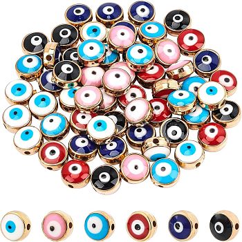 Opaque Acrylic Enamel Beads, Flat Round with Evil Eye, Golden, Mixed Color, 7.5x5.5mm, Hole: 1.5mm, 6color, 10pcs/color, 60pcs/box