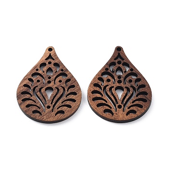 Walnut Wood Laser Cut Pendants, Hollow Charms, Undyed, Teardrop, 35.5x25.5x2.5mm, Hole: 1.6mm