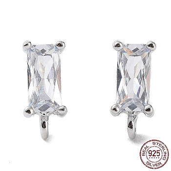 Rhodium Plated 925 Sterling Silver with Clear Cubic Zirconia Stud Earring Findings, with S925 Stamp, Rectangle, Real Platinum Plated, 8.5x4mm, Hole: 1mm, Pin: 0.6mm