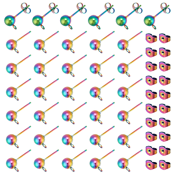 Elite 50Pcs 304 Stainless Steel Ball Stud Earring Post, with Horizontal Loops and 50 Pcs Ear Nuts, Rainbow Color, 15x6mm, Hole: 1.8mm