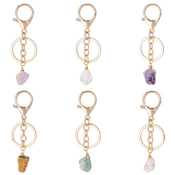 6Pcs 6 Styles Nuggets Natural Gemstone Wire Wrapped Keychain Key Ring, for Handbag, Car Decoration, 8~9cm, 1pc/style