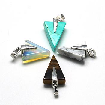 Natural & Synthetic Mixed Stone Pendants, with Brass Findings, Triangle, Platinum, 27x17x10mm, Hole: 5x7mm