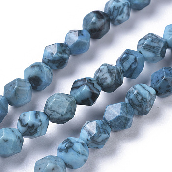Natural China Silver Leaf Jasper Beads Strands, Dyed & Heated, Star Cut Round Beads, Faceted, Light Sky Blue, 8mm, Hole: 0.7mm, about 43pcs/strand, 14.96 inch(38cm)