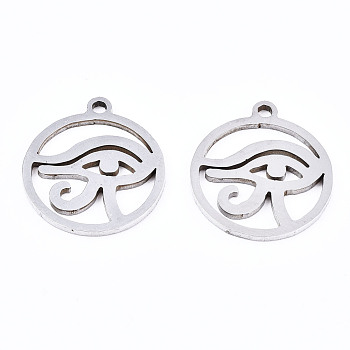 201 Stainless Steel Pendants, Laser Cut, Ring with Eye of Ra/Re, Stainless Steel Color, 17x15x1mm, Hole: 1.4mm