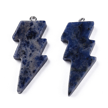 Natural Sodalite Pendants, Lightning Bolt Charm, with Stainless Steel Color Tone 304 Stainless Steel Loops, 40~44.5x17~20x4.5~6mm, Hole: 2mm