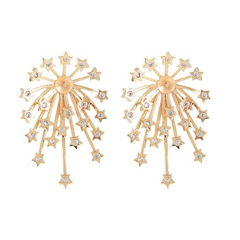 Brass Micro Pave Clear Cubic Zirconia Stud Earring Findings, for Half Drilled Beads, Nickel Free, Fireworks, Real 18K Gold Plated, 32x22mm, Pin: 0.7mm, pin: 0.8mm(for half drilled beads)