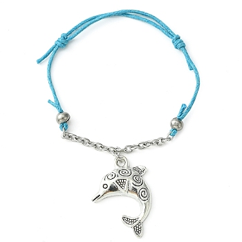 Alloy Dolphin Charm Bracelet with Stainless Steel Chains, Adjustable Bracelet, Antique Silver, Inner Diameter: 1-7/8~2-5/8 inch(4.9~6.7cm)