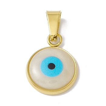 Vacuum Plating 304 Stainless Steel Resin Pendants, Cyan, Flat Round with Evil Eye Charm, Golden, 17x13x3.5mm, Hole: 6.5x3mm