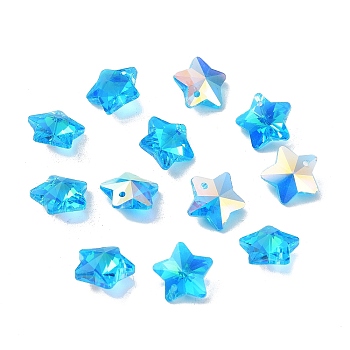 Glass Charms, Faceted Star, Deep Sky Blue, 13x13.5x7mm, Hole: 1.2mm
