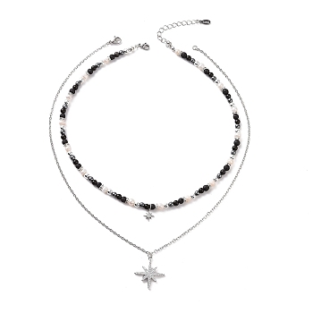 Clear Cubic Zirconia Star Pendant Necklaces Set, Natural Obsidian & Lava Rock & Pearl Beaded Chains Stackable Necklaces for Women, Platinum, 15.71~17.48 inch(39.9~44.4cm), 1Pc/style