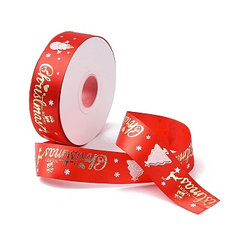 25 Yards Christmas Theme Printed Polyester Ribbon, for DIY Jewelry Making, Red, 7/8~1 inch(23~25mm)