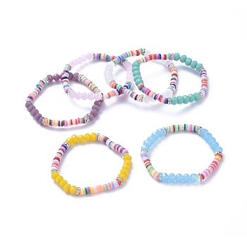 Kids Stretch Bracelets, with Polymer Clay Heishi Beads, Faceted Glass Beads and Brass Rhinestone Beads, Mixed Color, Inner Diameter: 1-7/8 inch(4.7cm)