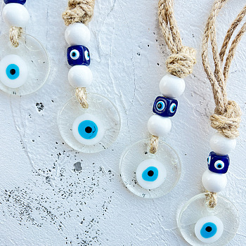 Flat Round with Evil Eye Glass Pendant Decorations, Hemp Rope Hanging Ornament, Clear, 180mm