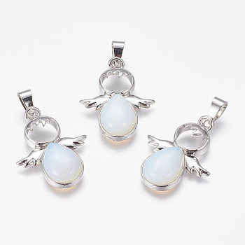 Opalite Pendants, Angel, with Brass Finding, Platinum, 34x25.5x6.5mm, Hole: 4x7mm