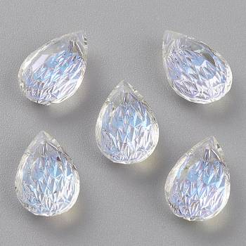 Embossed Glass Rhinestone Pendants, Teardrop, Faceted, Crystal Shimmer, 14x9x5mm, Hole: 1.4mm