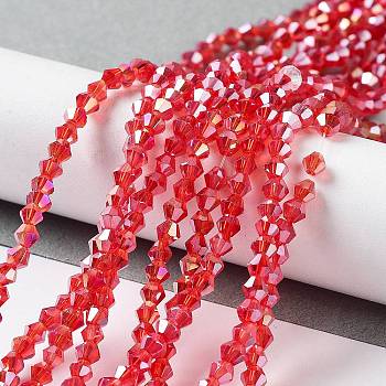 Glass Beads Strands, AB Color Plated, Faceted, Bicone, Red, 3x3~3.5mm, Hole: 0.5mm, about 125~130pcs/strand, 15.5 inch