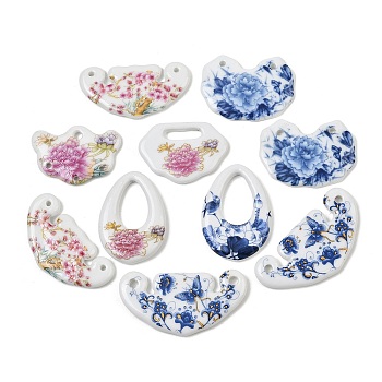 Printed Handmade Porcelain Pendants, Ruyi/Lock/Teardrop with Floral Pattern Charms, Mixed Color, 30.5~50.5x35.5~66.5x5.5~6.5mm, Hole: 2.5~3.5mm/19x5.5mm/26x15.5mm