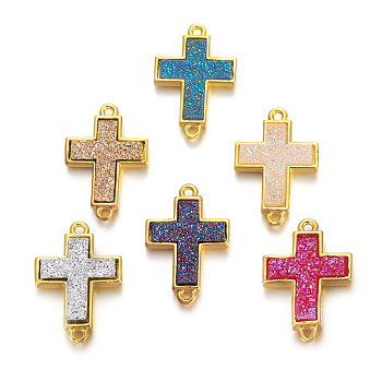 Brass Links connectors, with Druzy Resin, Golden Plated Color, Cross, Mixed Color, 19.7x13.5x3.5mm, Hole: 1.2mm