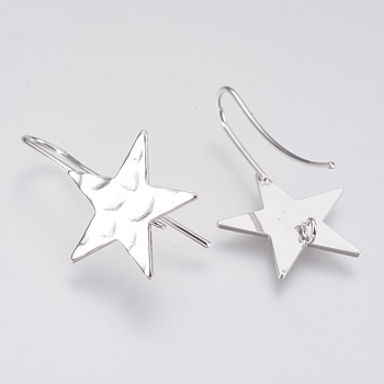 Brass Ear Stud Findings, Star, Nickel Free, Real Platinum Plated, 31.5x20mm, Hole: 2mm, Pin: 1mm