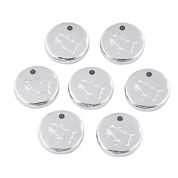 316 Surgical Stainless Steel Charms, Flat Round with Constellation, Stainless Steel Color, Gemini, 10x2mm, Hole: 1mm