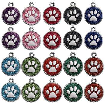 20Pcs 10 Colors Enamel Charms, with Platinum Plated Alloy Findings and Glitter Powder, Flat Round with Dog Paw Prints, Mixed Color, 23x19x2.1mm, Hole: 2.1mm, 2pcs/color
