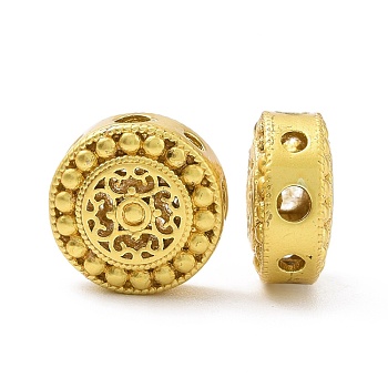 Rack Plating Brass Beads, Long-Lasting Plated, Lead Free & Cadmium Free, Flat Round with Flower, Matte Gold Color, 10x5mm, Hole: 1.4mm and 1.8mm
