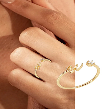 1Pc Letter Brass Rhinestone Open Cuff Rings for Women, Letter W, Inner Diameter: 17~18mm