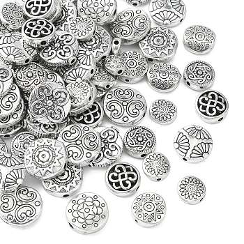 100Pcs 10 Styles Tibetan Style Alloy Beads, Flat Round with Flower & Star, Antique Silver, 7~14x7~13x3~4.5mm, Hole: 1.5mm, 10pcs/style