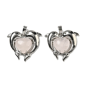 Natural Rose Quartz Heart Pendants, Rack Plating Brass Dolphin Charms, Platinum, Cadmium Free & Lead Free, 29x32.5x8.5mm, Hole: 8x5mm