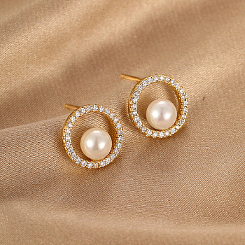 Cubic Zirconia Ring Stud Earrings, Brass Earrings with Imitation Pearl, Real 18K Gold Plated, 13x13mm