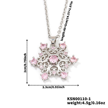 Elegant Brass Cubic Zirconia Snowflake Pendant Necklaces, Perfect for Christmas and Valentine's Day Gifts, Platinum, Pink, 15.75 inch(40cm)