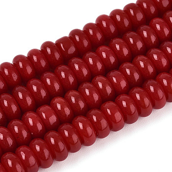 Opaque Spray Painted Glass Beads, Rondelle, Dark Red, 6~6.5x3mm, Hole: 1mm, about 103~118pcs/strand, 14.57~14.96 inch(37~38cm)