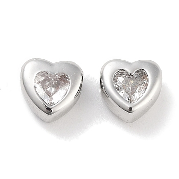 Brass Micro Pave Cubic Zirconia Beads, Platinum, Heart, Clear, 5.5x5.5x3.5mm, Hole: 1mm