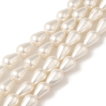Electroplate Shell Pearl Beads Strands, Teardrop, Floral White, 9x6mm, Hole: 0.7mm, about 44pcs/strand, 16.14''(41cm)