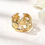 304 Stainless Steel Cuff Rings for Women, Coconut Tree & Shell Shapes, Real 18K Gold Plated, 17mm(RJEW-F193-01G)