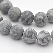 Natural Map Stone/Picasso Stone/Picasso Jasper Beads Strands, Round, Frosted, Dark Gray, 8mm, Hole: 1mm, about 48pcs/strand, 15.3 inch(G-D657-8mm)