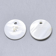 Natural White Shell Mother of Pearl Shell Charms, with Iron Sticker, Flat Round with Letter, Letter.F, 13x2mm, Hole: 1.5mm(SSHEL-N036-053F)