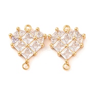 Brass Pave Clear Cubic Zirconia Connector Charms, Heart Links, Real 18K Gold Plated, 20x16x4mm, Hole: 1.2mm(KK-S389-38G)