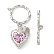 Brass Toggle Clasps, with Glass, Heart, Purple, Platinum, 4x26.5x1.5mm, Hole: 1.6mm, Ring: 15x17.5x2mm, Hole: 1.4mm, Pendant: 16.5x13.5x7.5mm(KK-N254-90P)