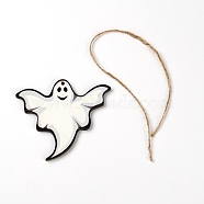 Wooden Hanging Decorations, with Hemp Cord, Halloween Theme, Ghost, White, 79x90.5x3.5mm, Hole: 3mm(HJEW-WH0028-10)