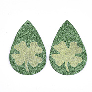 PU Leather Big Pendants, with Glitter Powder, teardrop, with Clover Pattern, Green, 56x37x1.5mm, Hole: 1.2mm(X-FIND-S311-006A)