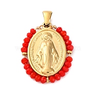 Ion Plating(IP) 304 Stainless Steel Faceted Rondelle Grass Wrapped Oval Pendants, Virgin Mary Charms, Real 18K Gold Plated, Red, 29x23x4mm, Hole: 5x3mm(STAS-Z100-04G-05)