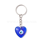 Blue Glass Evil Eye PendantS Keychains, with Iron Split Key Rings, Heart, 7.7cm(KEYC-JKC00730-04)