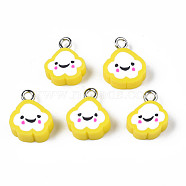 Handmade Polymer Clay Charms, with Platinum Plated Iron Loop, Cloud with Smile, Yellow, 11~14x9~11.5x4mm, Hole: 1.8mm(CLAY-N006-37B-01H)