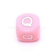 Silicone Alphabet Beads for Bracelet or Necklace Making, Letter Style, Pink Cube, Letter.Q, 12x12x12mm, Hole: 3mm(SIL-TAC001-01B-Q)