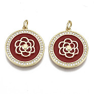Brass Micro Pave Cubic Zirconia Pendants, with Enamel and Jump Ring, Nickel Free, Flat Round with Flower, Real 16K Gold Plated, Dark Red, 22x20x2mm, Jump Ring: 5x1mm, 3mm inner diameter(ZIRC-N039-057C-NF)