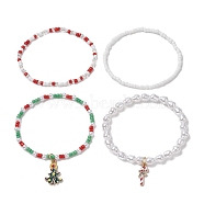 4Pcs 4 Style Glass Pearl & Seed Beaded Stretch Bracelets Set, Christmas Tree & Candy Cane Alloy Enamel Charms Stackable Bracelets for Women, Mixed Color, Inner Diameter: 2-3/8 inch(6cm), 1Pc/style(BJEW-JB09373)