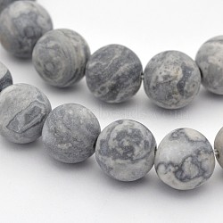 Natural Map Stone/Polychrome Jasper/Picasso Stone/Picasso Jasper Beads Strands, Round, Frosted, Dark Gray, 8mm, Hole: 1mm, about 48pcs/strand, 15.3 inch(G-D657-8mm)