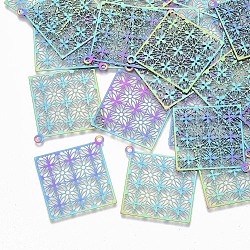 Ion Plating(IP) 201 Stainless Steel Filigree Pendants, Etched Metal Embellishments, Rhombus, Rainbow Color, 38x36x0.3mm, Hole: 1.6mm, Diagonal Length: 38mm, Side Length: 26mm(X-STAS-S108-108)