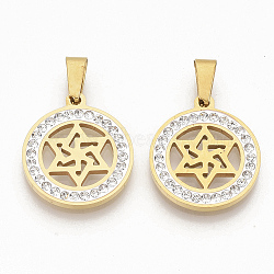 201 Stainless Steel Pendants, with Random Size Snap On Bails and Polymer Clay Crystal Rhinestones, for Jewish, Flat Round with Star of David, Golden, 23x20x2.5mm, Hole: 8~10x3~5mm(STAS-N089-40G)